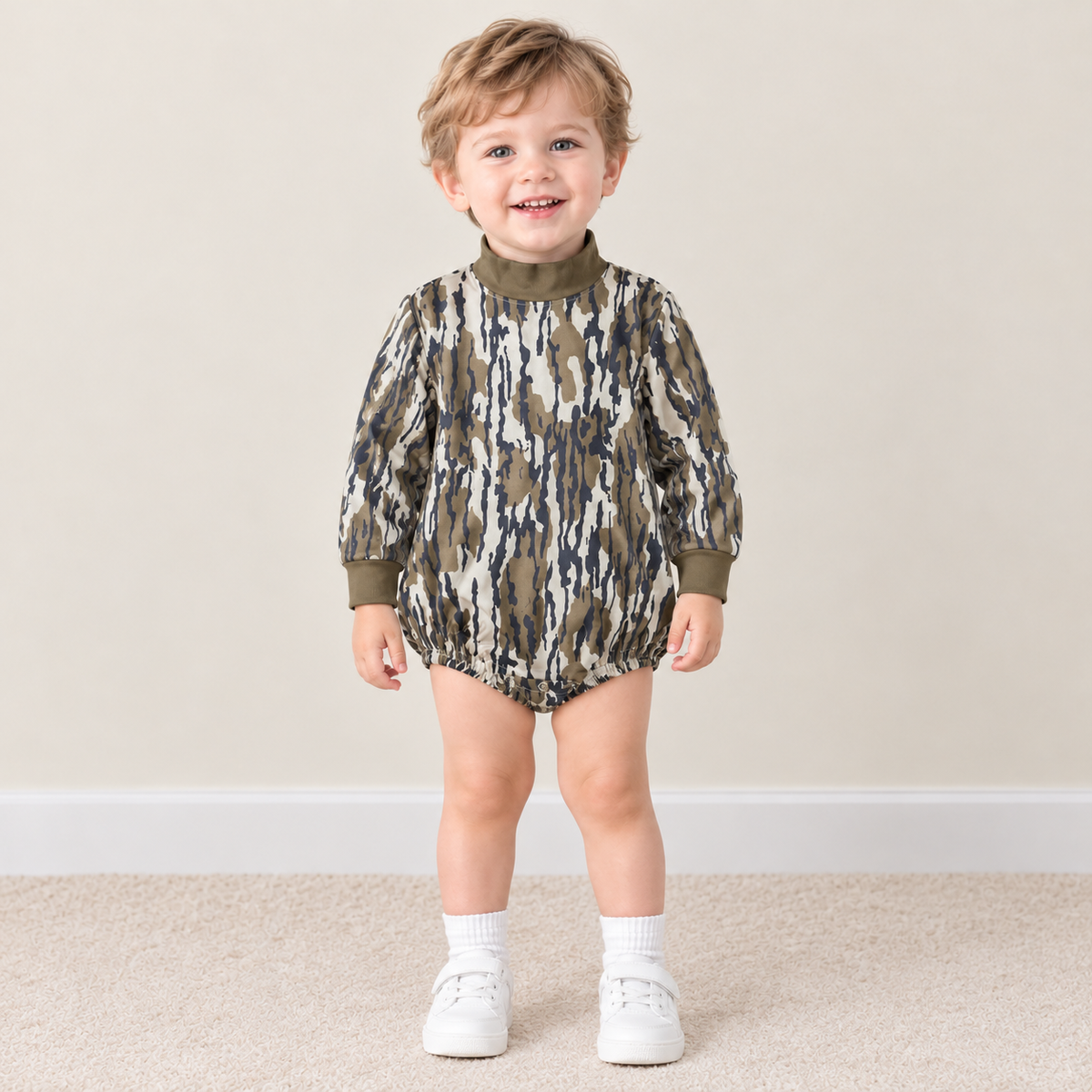 NEW RTS NO MOQ milk silk LR3259 High Neck Baby Boys Long Sleeve Camo Casual Rompers