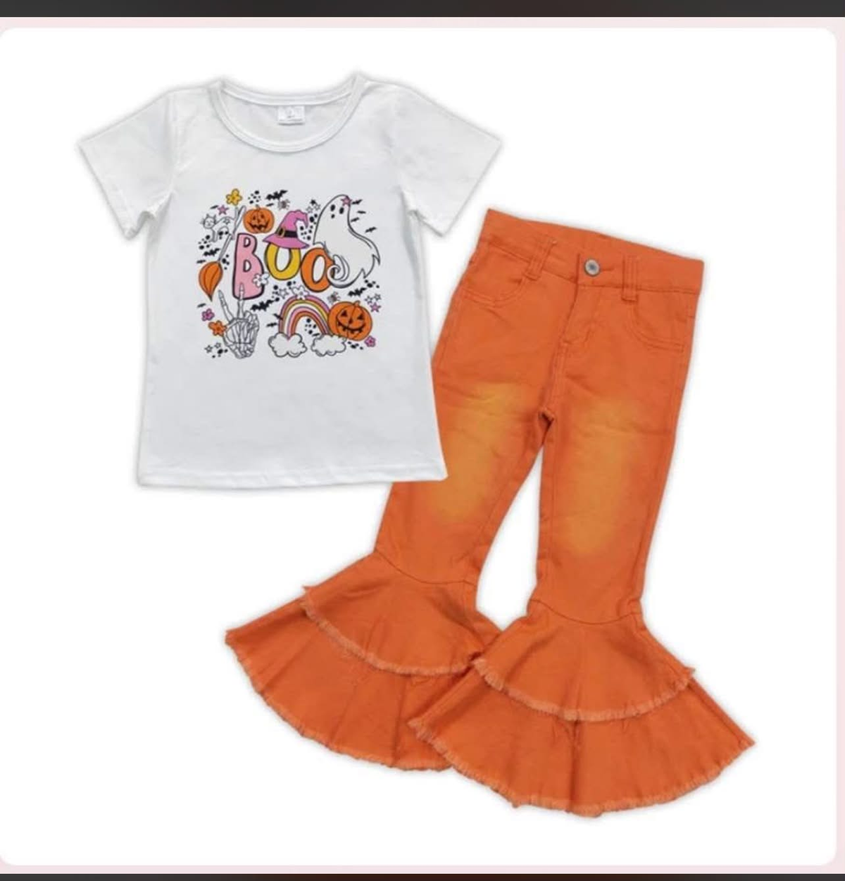 NEW RTS NO MOQ Denim GT0291+P0322 Ghost Pumpkin Short Sleeve T Shirt And Orange Ruffle Flare Denim Pants Halloween Outfit