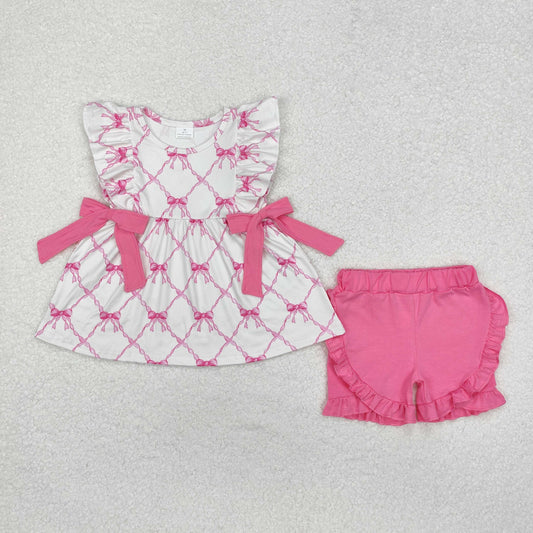 RTS NO MOQ ETA 5/7days Arrived GSSO1620 Rose red bow pattern sleeveless shorts suit