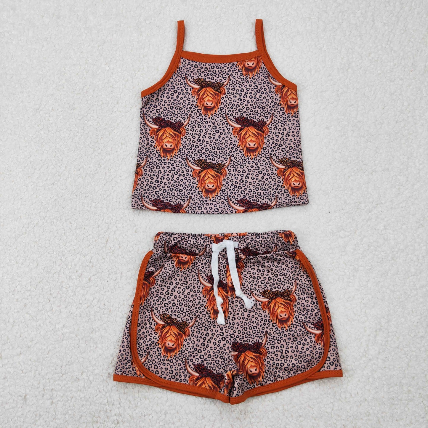 RTS NO MOQ GSSO2341 Alpine bull head leopard print brown suspender shorts set