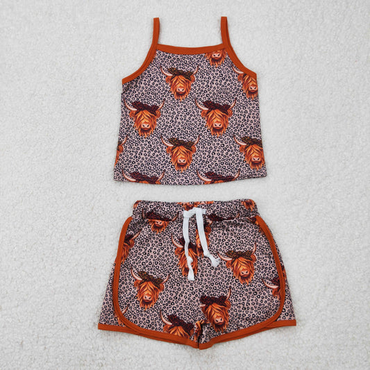 RTS NO MOQ GSSO2341 Alpine bull head leopard print brown suspender shorts set