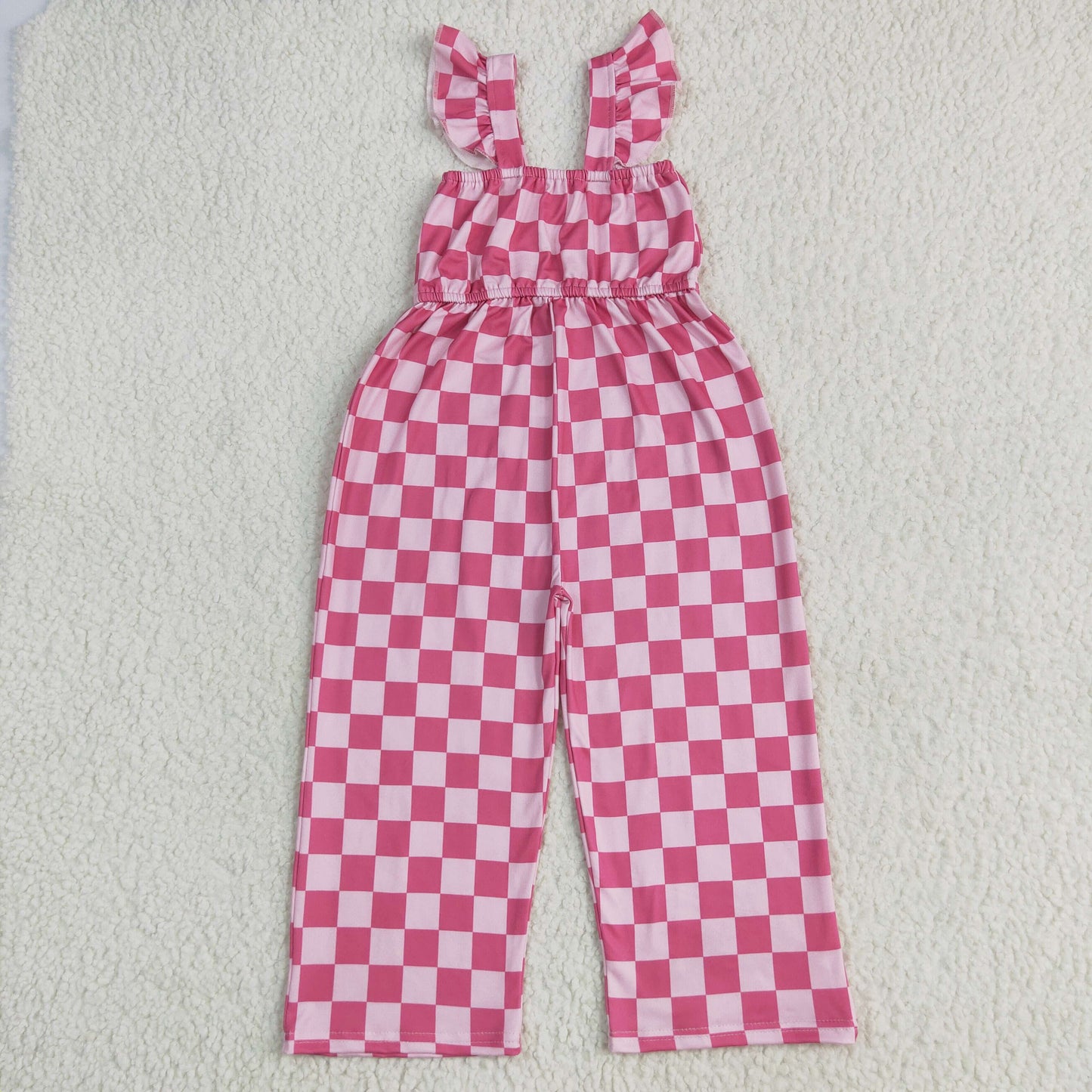 RTS NO MOQ SR3050 Rose red plaid flying sleeve jumpsuit