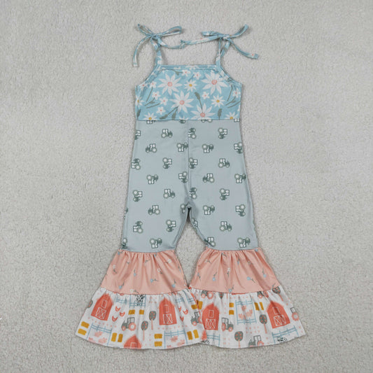 RTS NO MOQ（In Stock）SR3587 Floral Tractor Red House Patchwork Suspender Jumpsuit