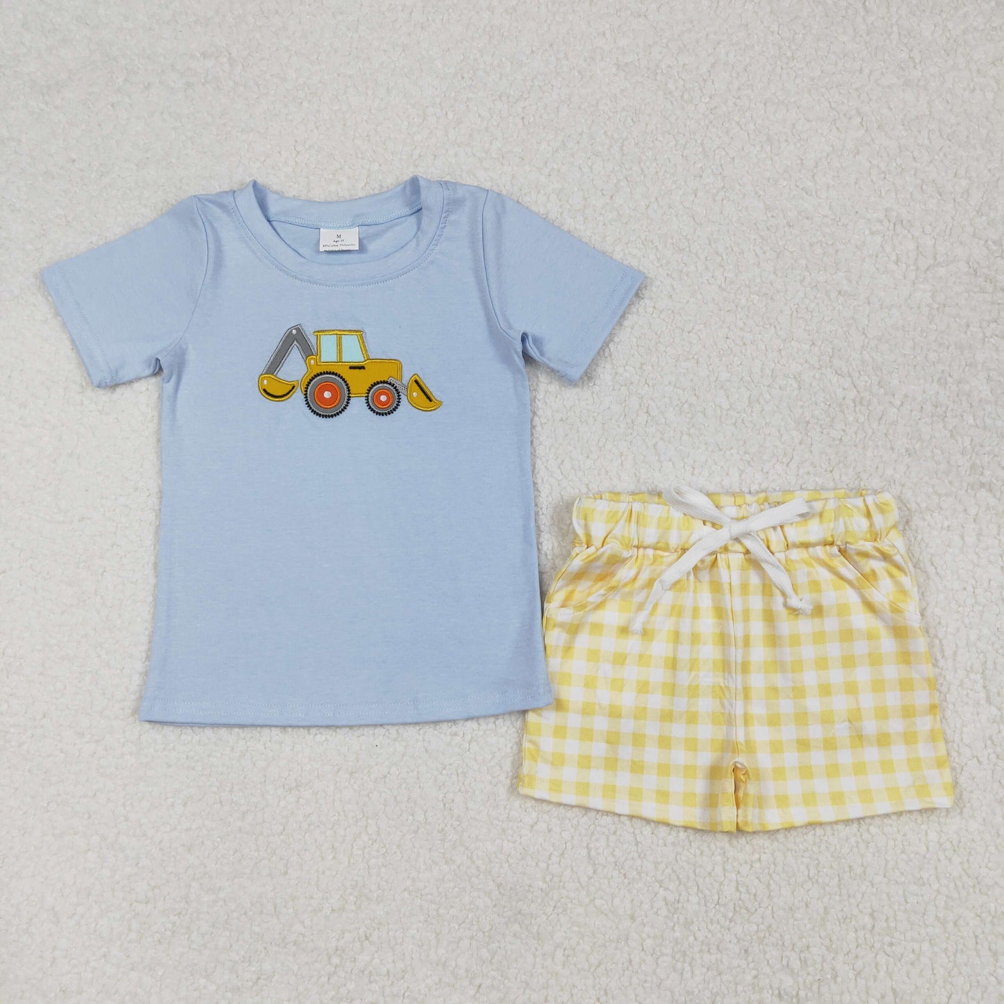 RTS NO MOQ ETA 5/7days Arrived BSSO1117 Embroidered engineering vehicle excavator blue short-sleeved yellow plaid shorts set