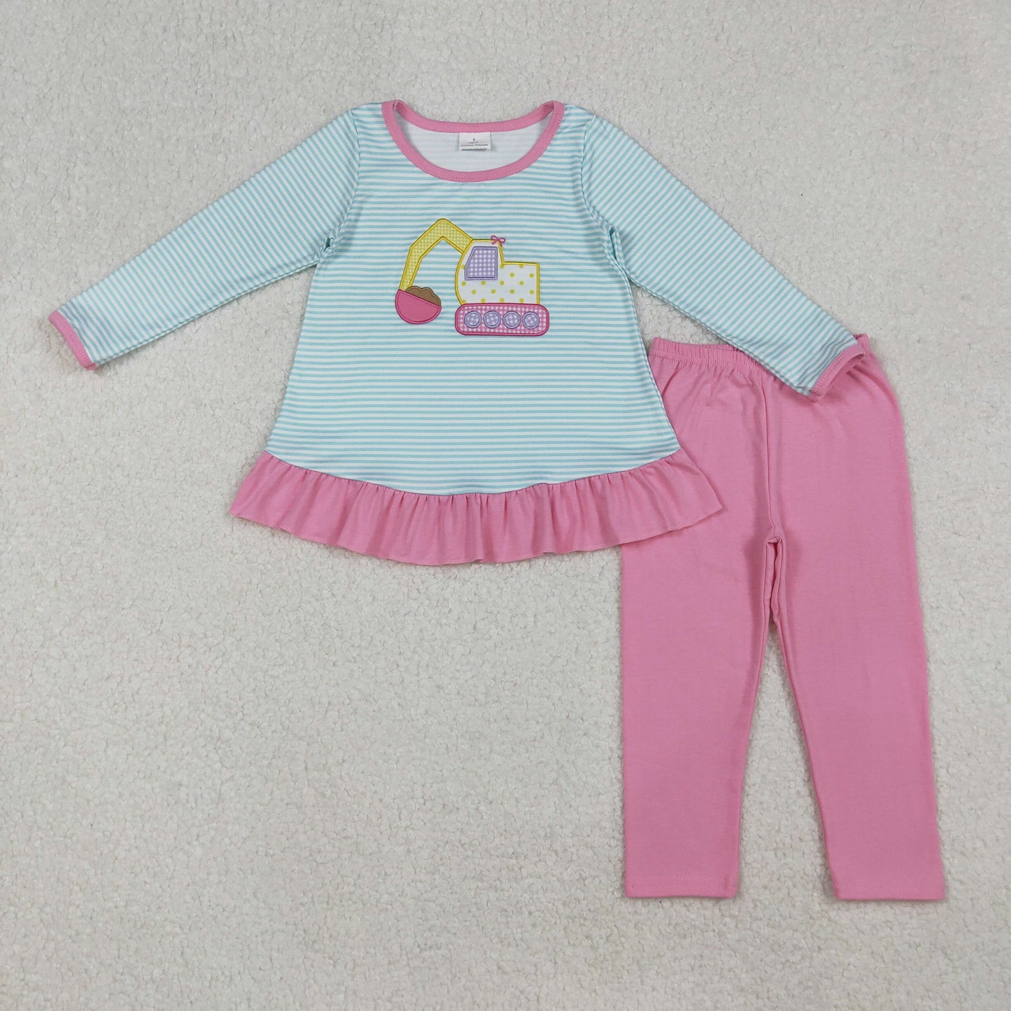 RTS NO MOQ（In Stock) GLP2466 Pink Long-Sleeved Pantsuit with Embroidered Bow and Construction Truck Blue Stripes