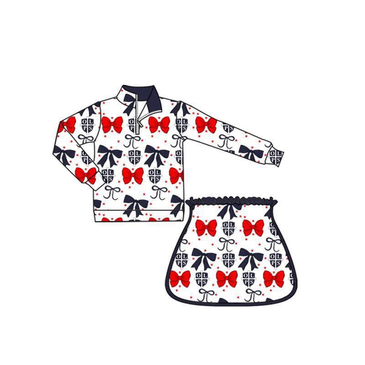 Custom moq 5 mix size milk silk summer teams baby girls clothes team bow brick red long sleeve skirts sets-25.8.22