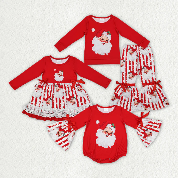 RTS NO MOQ Baby Girls Santa Claus Print Red Stitching Red and White Striped Long Sleeve Dress & Romper & Long Sleeve Pants Set