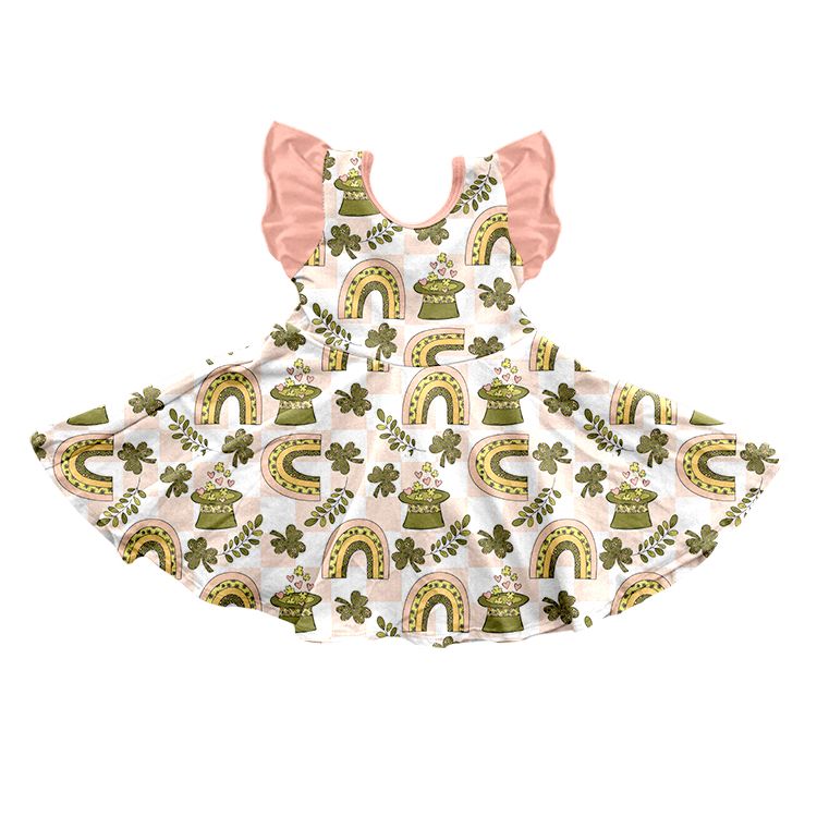 GSD0696 Four-leaf clover rainbow hat plaid pink flying sleeve dress