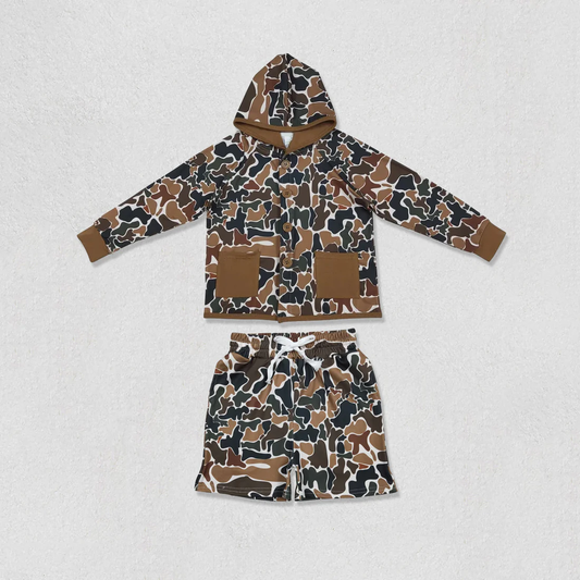 RTS NO MOQ（In Stock) baby boys clothes camouflage hooded long Sleeve Shorts sets