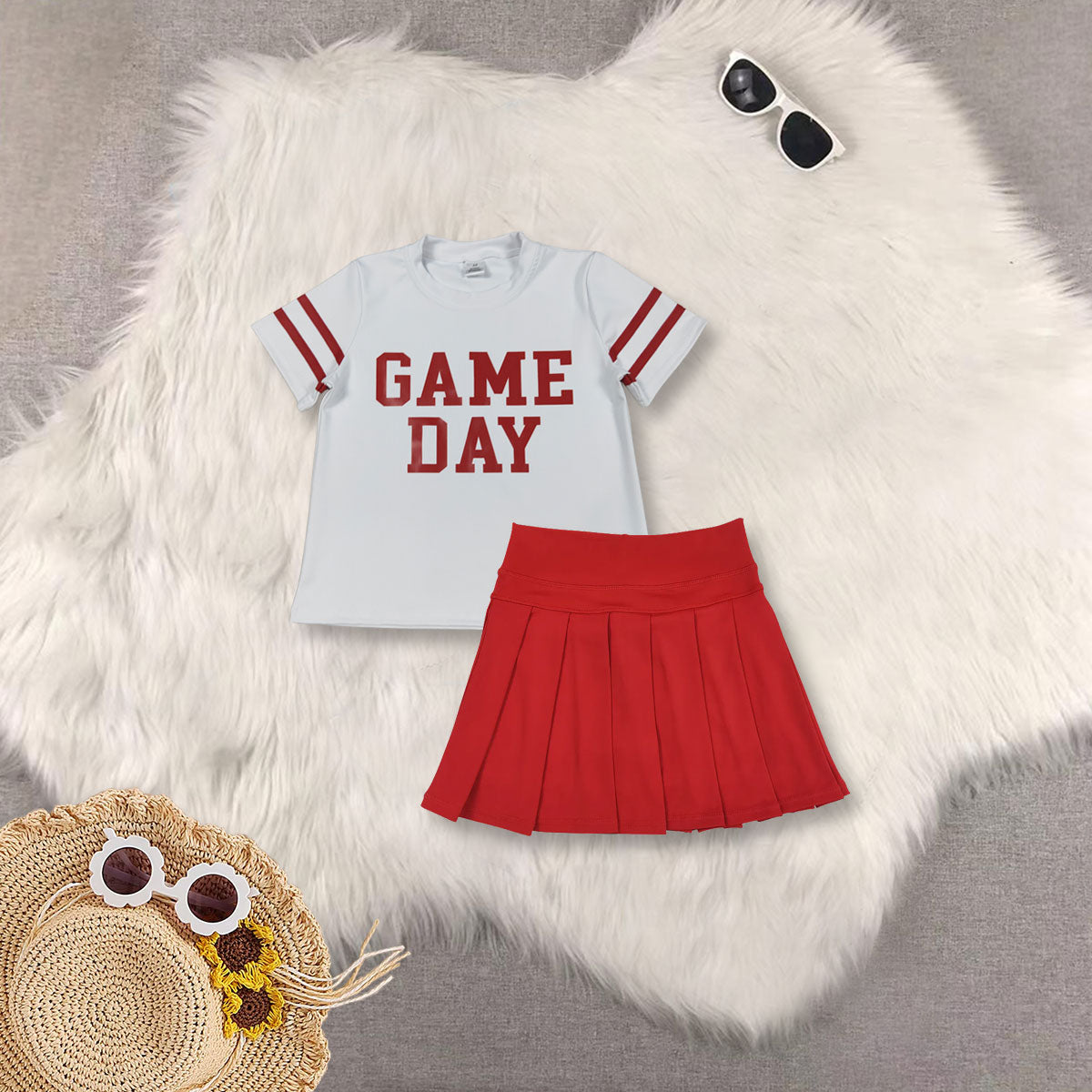 RTS NO MOQ Sibling baby girls clothes Game Day White short-sleeved yoga top with offset green lettering and stripes Solid green yoga skirt set