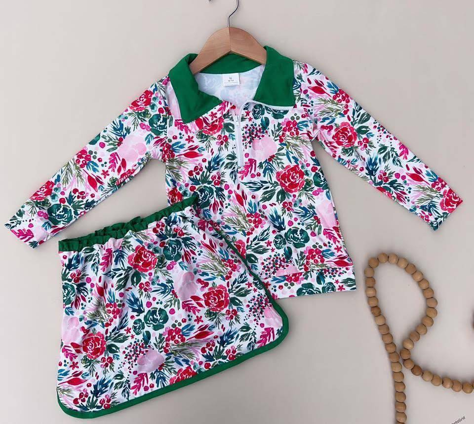 RTS NO MOQ（In Stock) GLD1075 Floral leaf green and white zipper long-sleeved skirt set