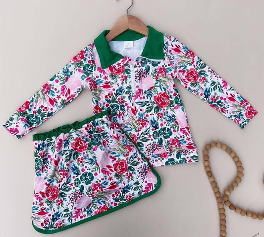 RTS NO MOQ（In Stock) GLD1075 Floral leaf green and white zipper long-sleeved skirt set