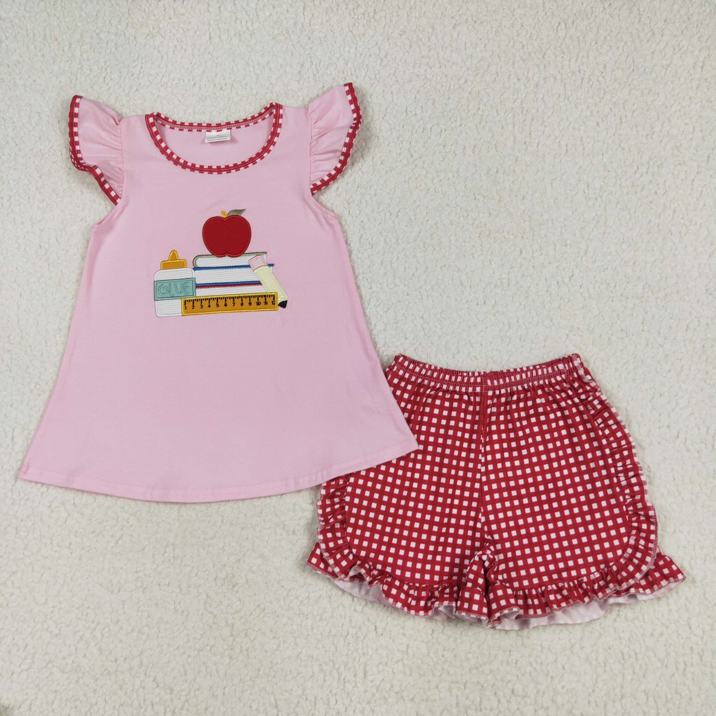 RTS NO MOQ GSSO2069 Embroidered Back to School Apple Book Ruler Pink Flying Sleeves Red Plaid Shorts Set