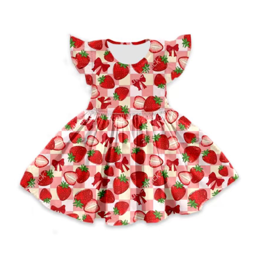Custom moq 5 mix size milk silk baby girl clothes strawberry bow flying sleeve shorts sets and dresses 2