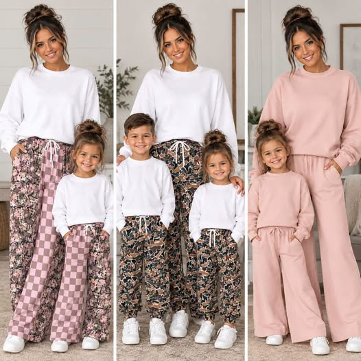 RTS NO MOQ Sibling cotton Adult To Match Kids High Neck Light Pink Mock Neck Long Sleeve Top Wide Leg Pants Set Camo Pant