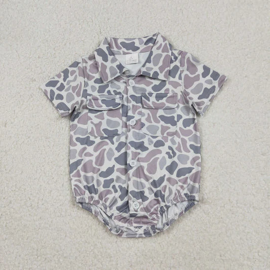 Best Sell RTS Baby Boys Southern Light Grey Camouflage Rompers with Button Pockets Boy's Outfit