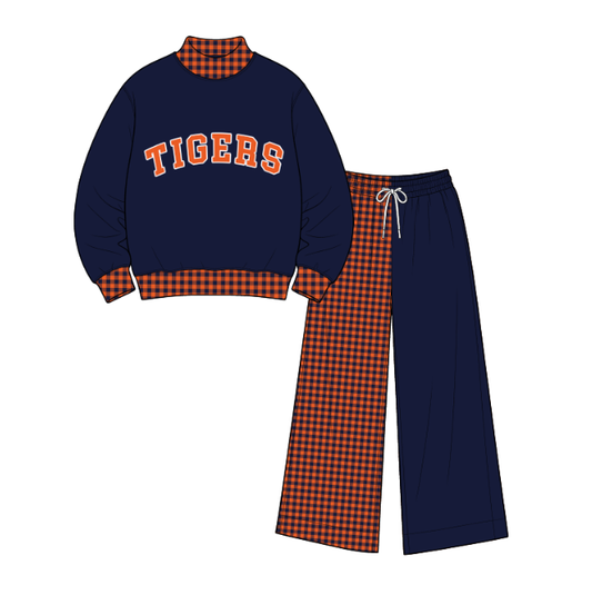 custom moq 5 mix size JEPN0101 Adult And Kids Letter Print Long Sleeve Top Matching Checked Patchwork Pant Two Piece Set