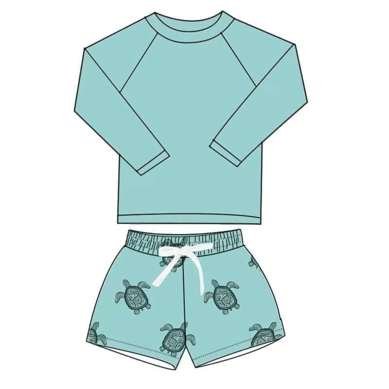 custom moq 5 eta 4-5weeks boys green turtle long sleeve swim sets