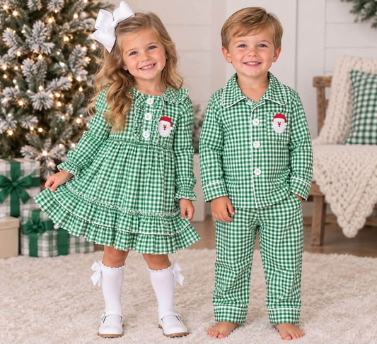 RTS NO MOQ 6 B3-39 6 C10-7 Santa Claus Green Plaid Long Sleeve Suit & Long Sleeve Dress