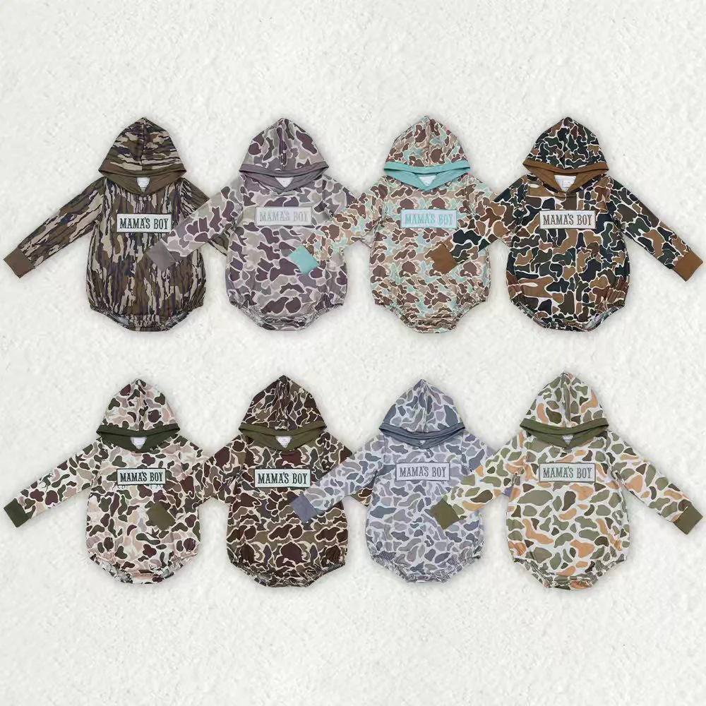 RTS NO MOQ Sibling baby boy clothes Embroidered Mama's Boy Brown-Green Camouflage Hooded Long-Sleeve Jumpsuits