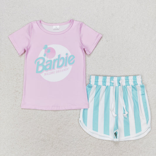 Cute Clothes  GSSO1168 pink short-sleeved striped shorts set