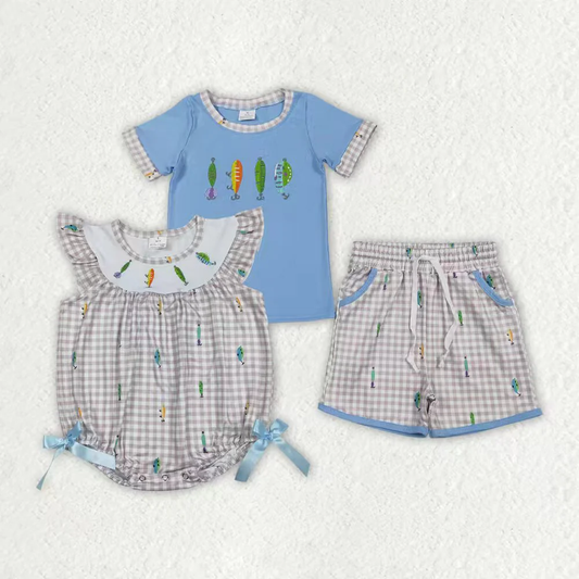 RTS NO MOQ sibling baby girls boys clothes embroidery fishing short sleeve Clothes Sets and rompers