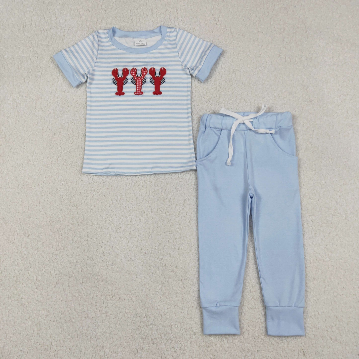 RTS NO MOQ（In Stock) Embroidered Lobster Blue Striped Short-Sleeved Pants Set