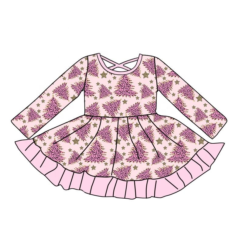 Custom moq 5 each style eta 6-7weeks baby girl clothes Christmas trees long sleeve dress-25.8.15