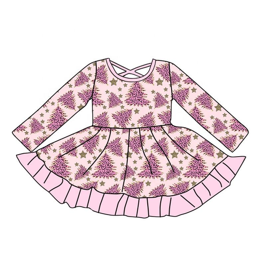 Custom moq 5 each style eta 6-7weeks baby girl clothes Christmas trees long sleeve dress-25.8.15