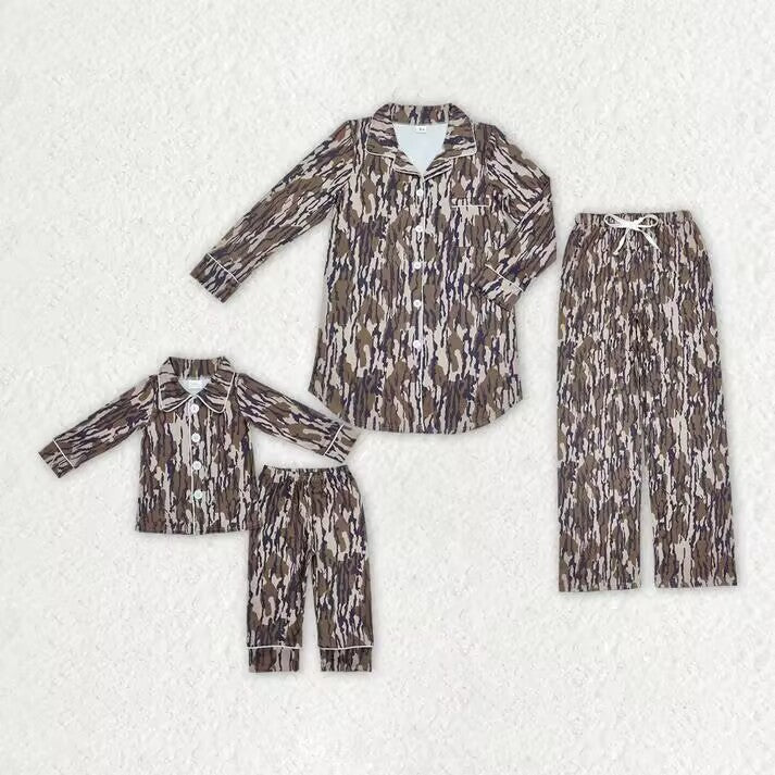 RTS NO MOQ  Dark Brown Camouflage Button Long Pajama Set: Kids & Adults