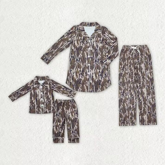RTS NO MOQ  Dark Brown Camouflage Button Long Pajama Set: Kids & Adults