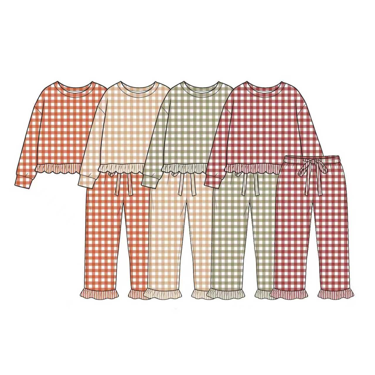 (Preorder new) No moq Baby Girls Checked Print Long Sleeve  Top Ruffle Pant Pajamas Clothes Set
