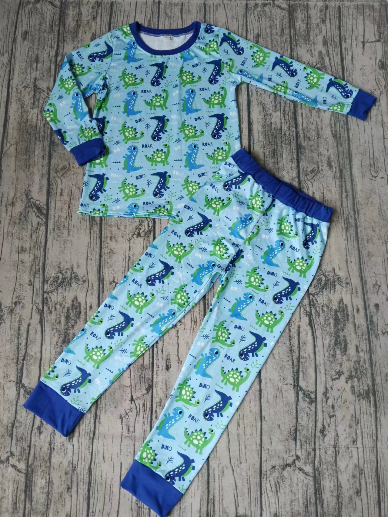 custom moq 3 eta 5weeks Dinosaur Blue Long Sleeve Pants Suit