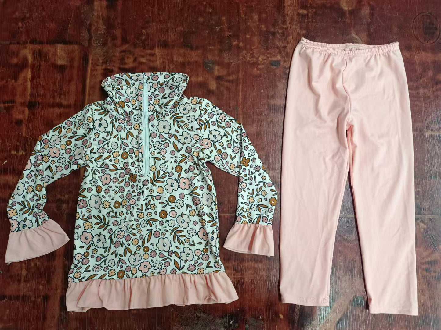 Custom moq 3 eta 6-7weeks Small flower stand collar zipper pullover--pink trousers set