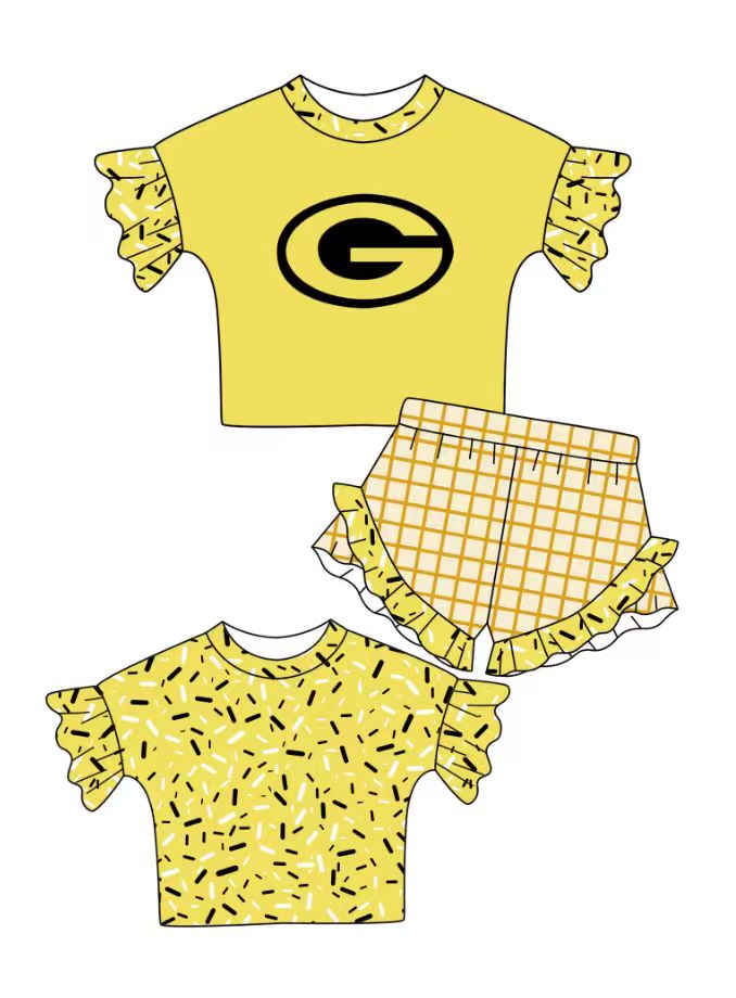 Custom moq 5 mix size milk silk summer teams baby girl clothes yellow short sleeve shorts sets