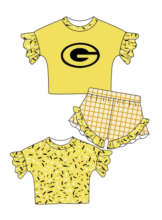 Custom moq 5 mix size milk silk summer teams baby girl clothes yellow short sleeve shorts sets