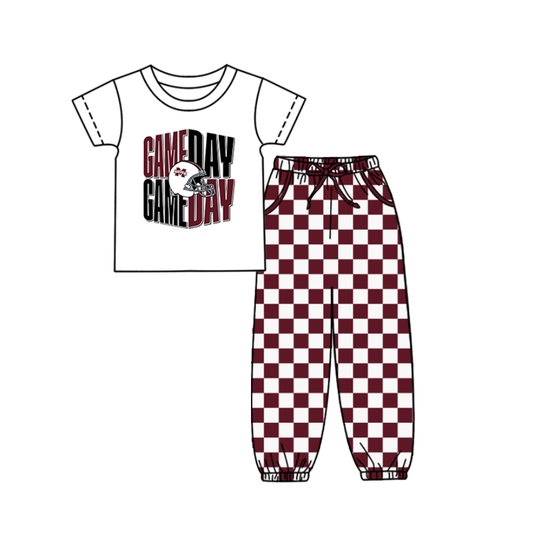 Custom summer teams baby boy clothes team GAME DAY dark red short sleeve pants sets-25.9.4