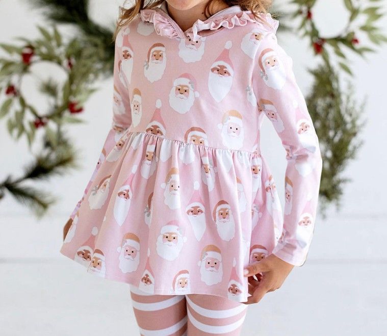 Deadline November 12 custom no moq eta 6-8weeks Pink Santa Claus Ruffled Lace Hooded Pullover Long Sleeve Pants Set