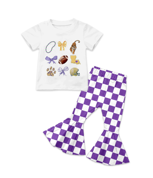 Custom summer teams baby girl clothes team bow purple plaid short sleeve pants sets-25.8.16