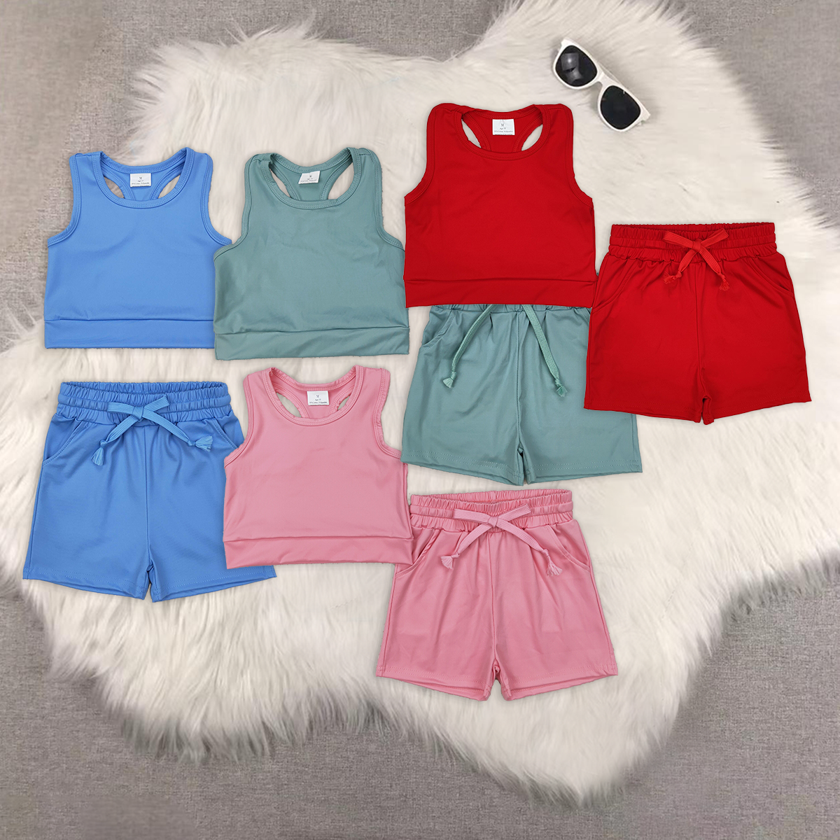 RTS NO MOQ baby girls Clothes yoga solid color short sleeve shorts Sets