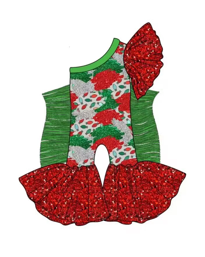 custom moq 5 eta 6-7weeks baby girls clothes green tassel red One shoulder Summer jumpsuit