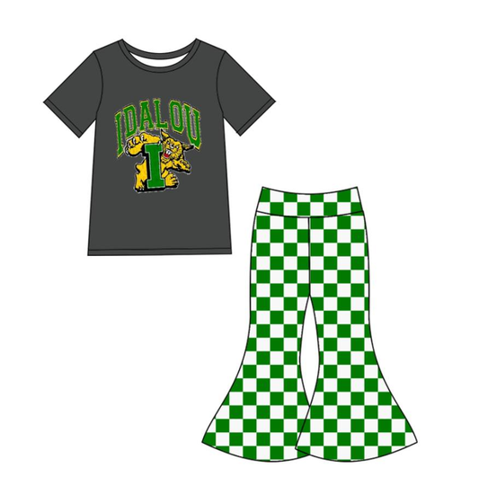Custom summer teams baby girl clothes team green plaid short sleeve pants sets-25.8.22