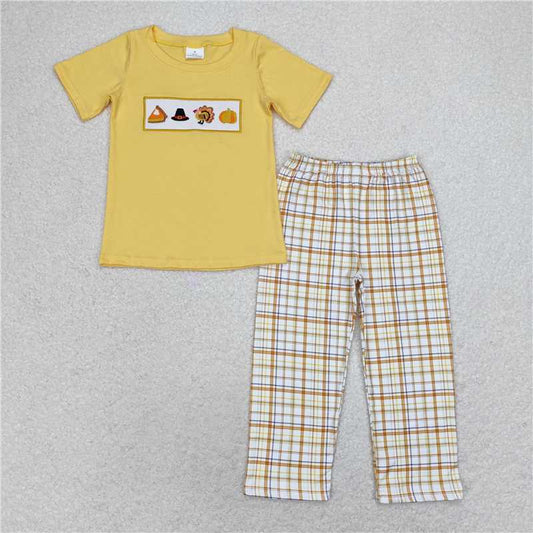 RTS NO MOQ（In Stock) BSPO0162 Embroidered turkey Short Sleeve Pants Suit