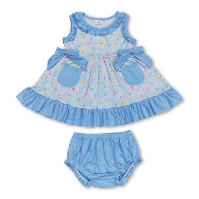 RTS NO MOQ Sibling Baby Girls Blue Pocket Pink Flowers Sleeveless Top Summer Bummies Clothes Sets