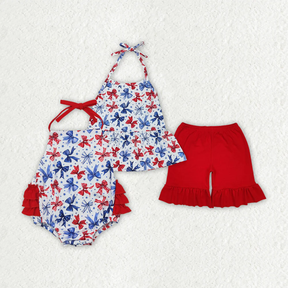 RTS NO MOQ Girls clothes 4th of july bow short sleeve Clothes Sets romper