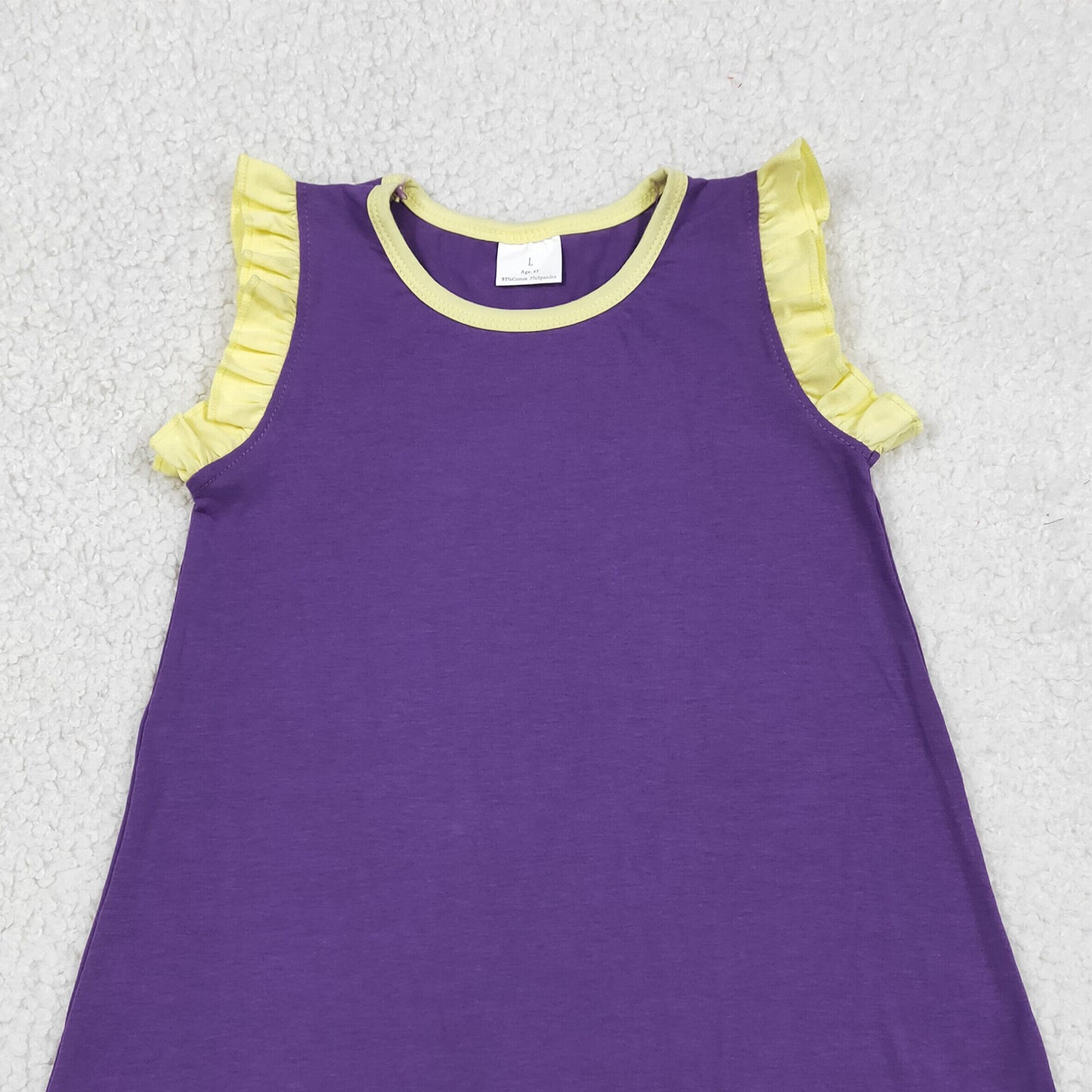 RTS NO MOQ cotton GSD4046 Baby Girls Purple Yellow Two Tone Scallop Edge Sleeveless Dress