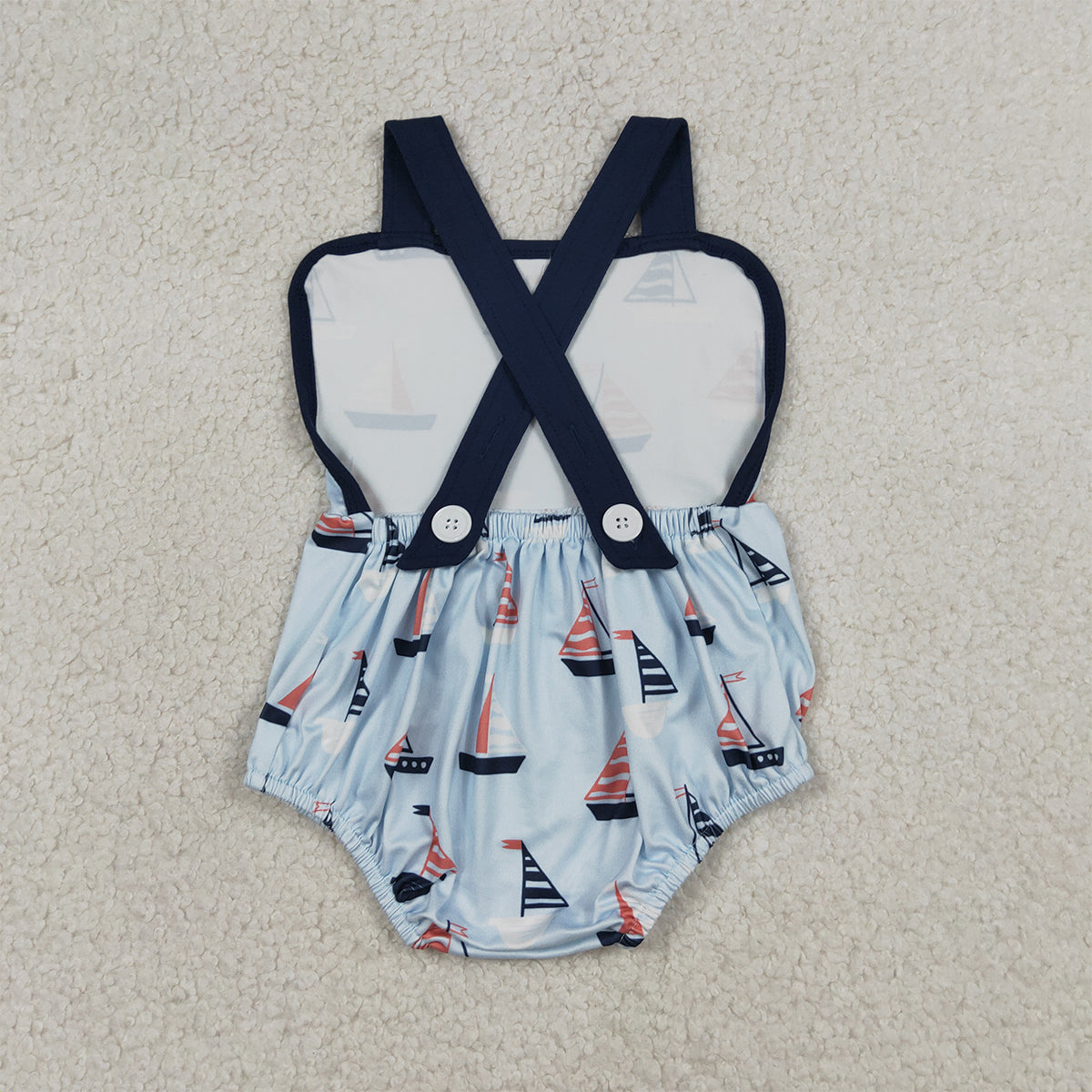RTS NO MOQ SR3945 Baby Boys Blue Plaid Strap Boat Rompers Cute Clothing