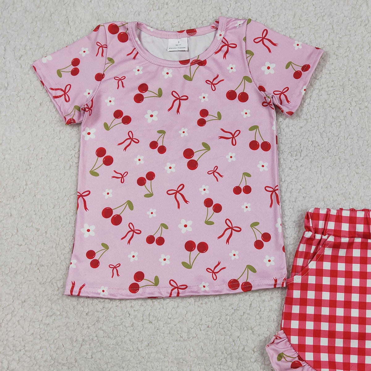 RTS NO MOQ GSSO3470 Baby Girls Cherry Blossom Print Top And Checked Ruffle Shorts Outfit Set Cute Children's Clothing