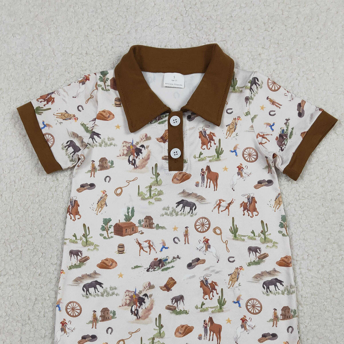 RTS NO MOQ SR3882 Baby Boys Western Short Rompers Button Horse Rodeos Cactus Print Outfit for Infants