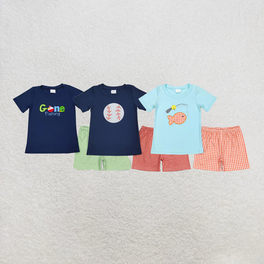 RTS NO MOQ Sibling Baby Boys Fishing Tee Orange Gingham Summer Shorts Clothes Sets